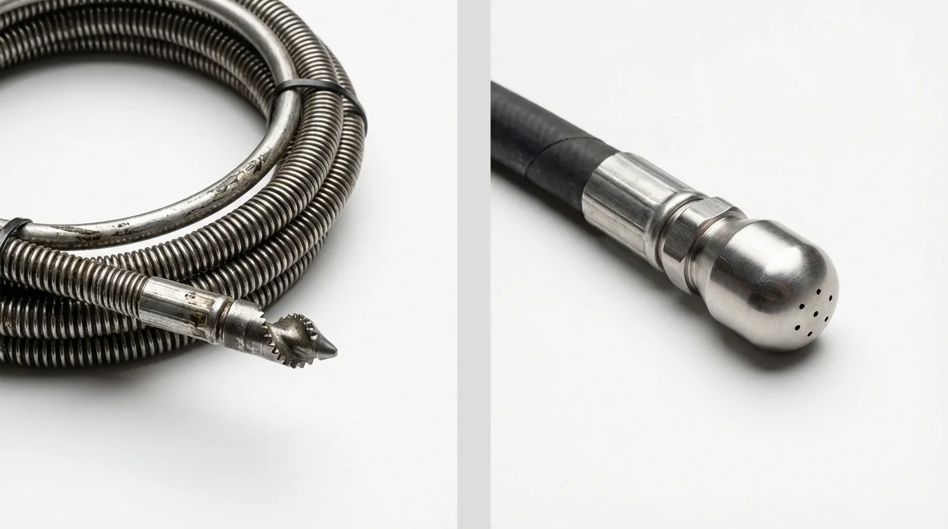 Drain snake cable and hydro jetting nozzle used for drain cleaning in Jamestown, CA