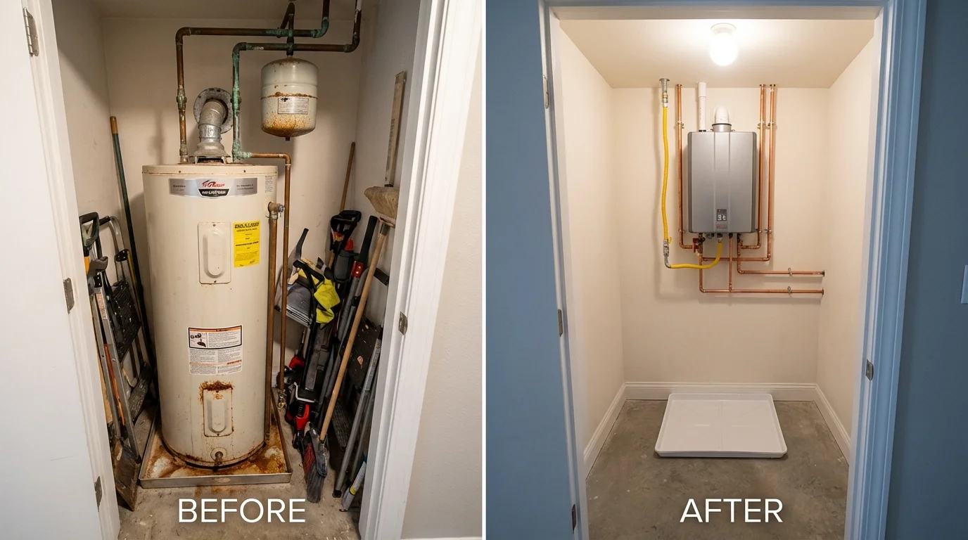 Tank water heater versus wall-mounted tankless unit comparison for Jamestown, CA homeowners