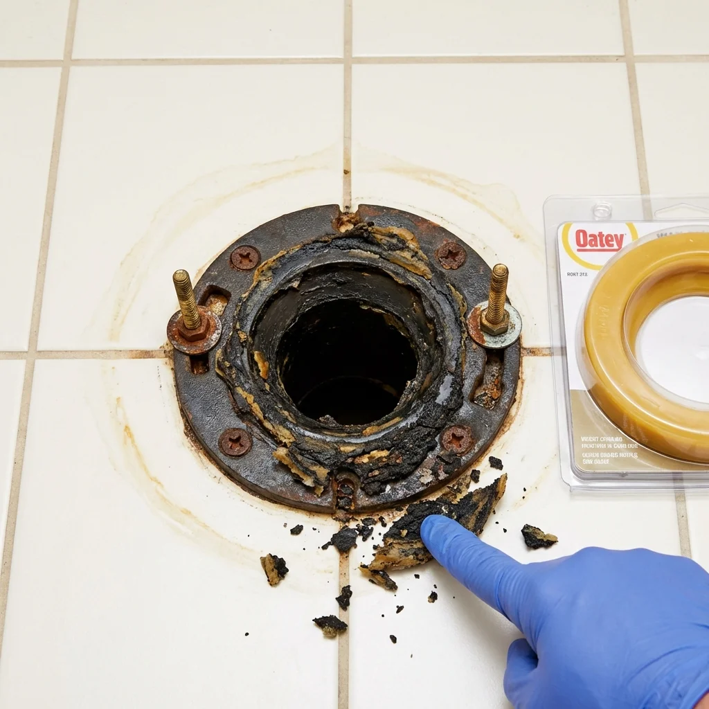 Failed wax ring showing water seepage at the base of a toilet in a Jamestown, CA home