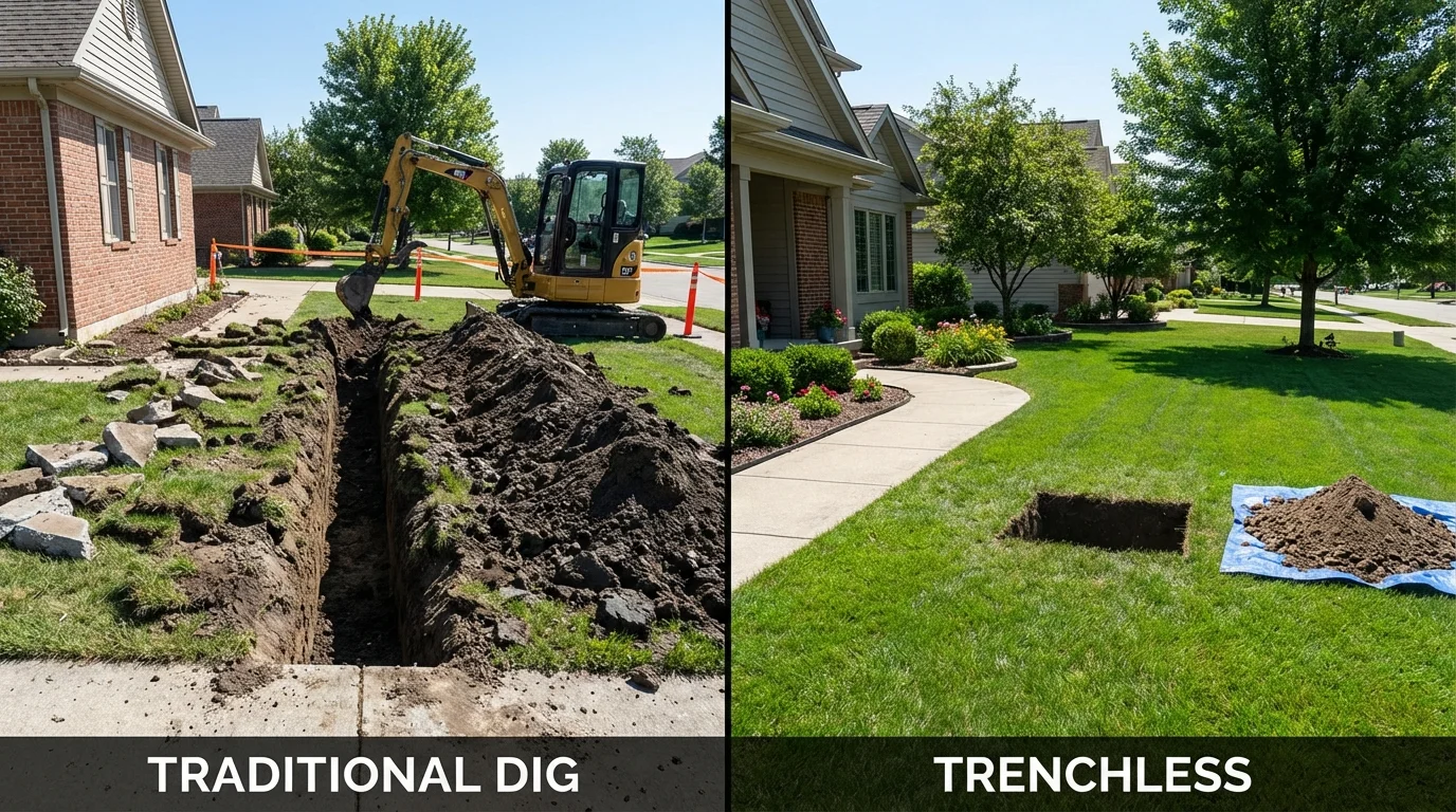 Trenchless sewer repair with minimal yard damage versus traditional excavation in Jamestown, CA