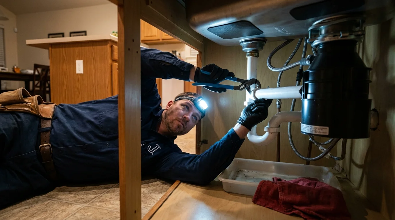 P-trap and supply line connections under a kitchen sink showing a common leak point in Jamestown, CA
